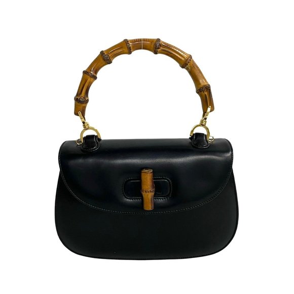 GUCCI Black Leather Bamboo Tote Bag - Picture 1 of 9
